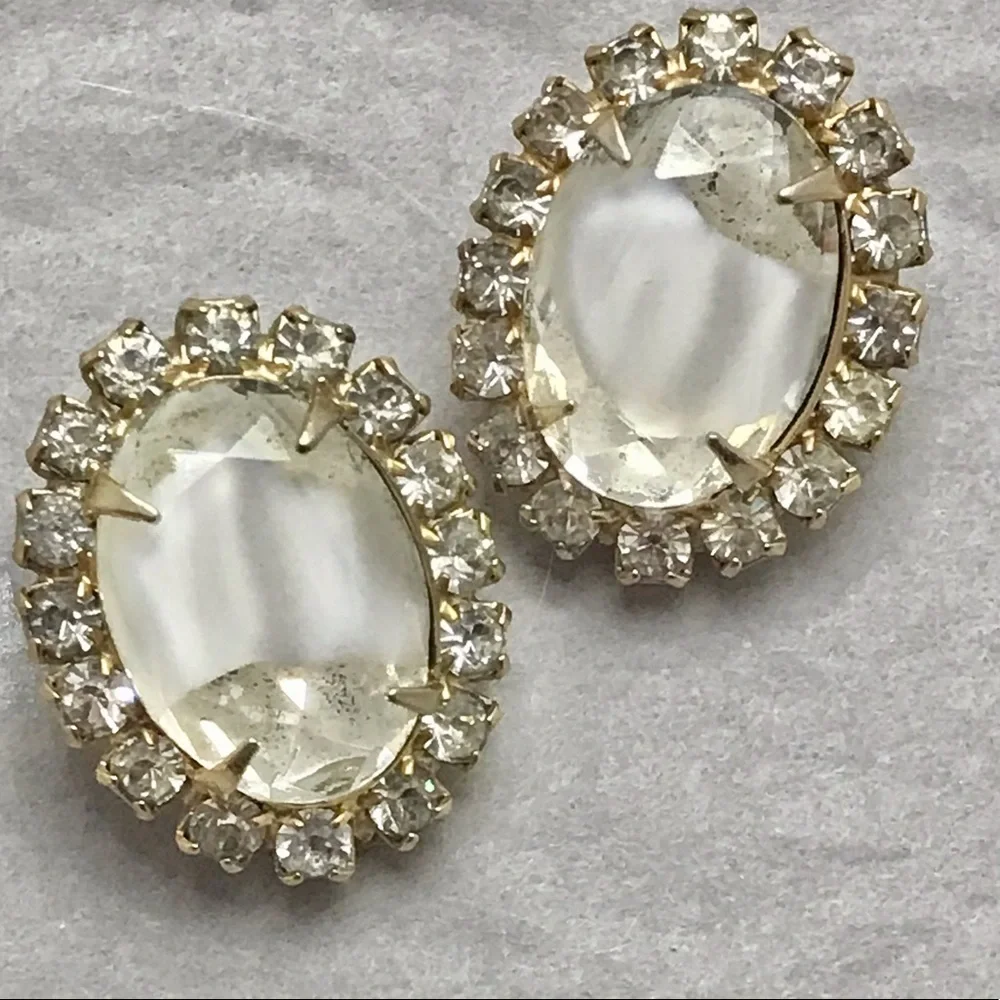 Vintage Rhinestone Earrings White Glass Stones